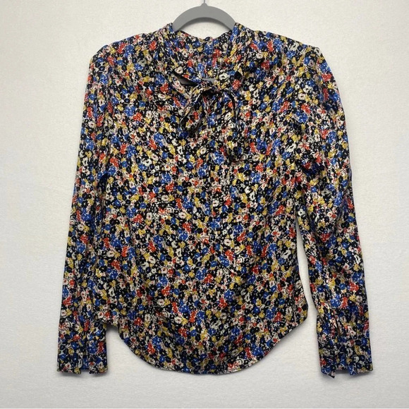 Veronica Beard Mena Gathered Floral Puff Sleeve Top Silk 0 Mock Neck - Picture 8 of 13
